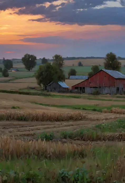 (realismo impresionista de csybgh), una granja al atardecer, obra maestra, 8K, ultra detallado