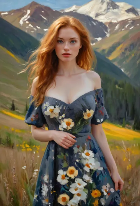 (impressionistic realism by csybgh), a gorgeous slavic ginger, very busty, pretty face with strong facial bone structure, wears ...