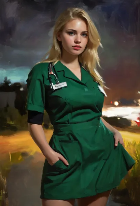 (impressionistic realism by csybgh), a young blonde nurse, curvaceous, insatiable, she just finished her night shift, slightly g...