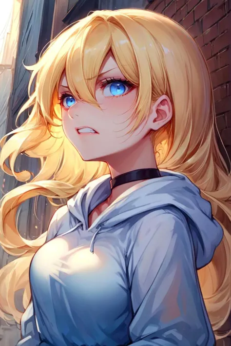 score_9, score_8_up, score_7_up, source_anime,   <lora:Nova_Sphere_Style_V1.0:1>,
Beautiful Lighting, 1girl, dynamic angle, dynamic pose, 
blue eyes, blonde hair, long hair, hair intakes, hair between eyes, outdoors, black choker, medium breasts, alley, 
 <lora:disgusted_face_xl_goofy:1>, disgusted face, hoodie, face, clenched teeth,