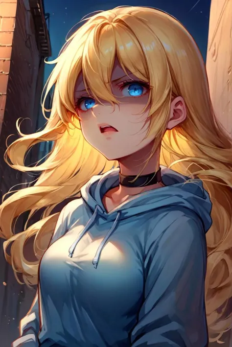 score_9, score_8_up, score_7_up, source_anime,   <lora:Nova_Sphere_Style_V1.0:1>,
Beautiful Lighting, 1girl, dynamic angle, dynamic pose, 
blue eyes, blonde hair, long hair, hair intakes, hair between eyes, outdoors, black choker, medium breasts, alley, 
 <lora:disgusted_face_xl_goofy:1>, disgusted face, hoodie, face, shaded face, open mouth,