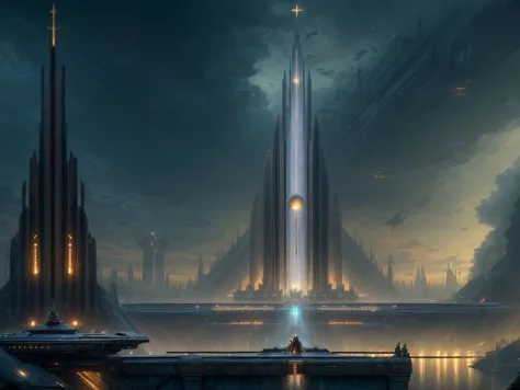 a man standing on a bridge looking at a futuristic city