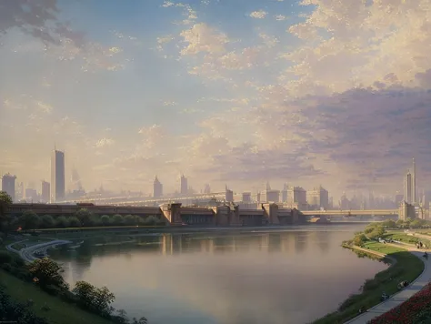 painting of a city skyline with a river and a bridge