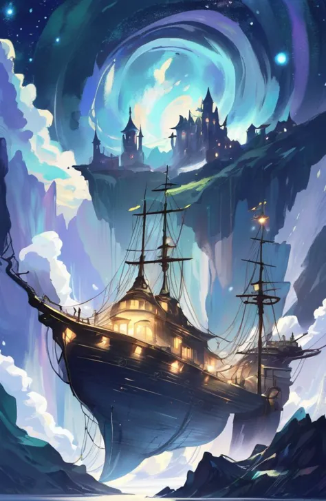 a ship floating in the ocean with a castle in the background