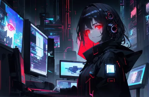 best quality, masterpiece,1girl,teenage,solo, cowboy shot,upper body, cyberpunk,mechanical eye, red eyes,glowing eyes, looking at viewer,(expressionless:1.1),(closed mouth),neon,glitch art,glitch censor,black coat, open coat, limited palette, window \(computing\), monitor,