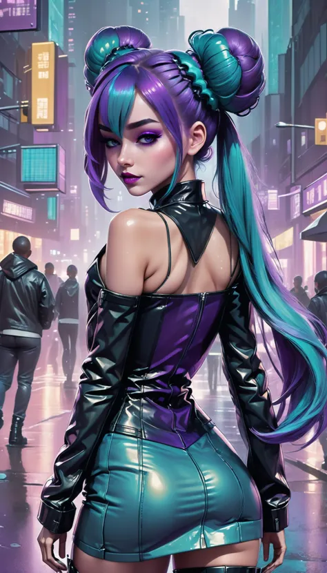 medium full view, dynamic pose, dynamic angle, pastel goth, masterpiece, best quality, digital drawing of a beautiful, cute and sexy cyberpunk goth girl with cybernetic arms and with (absurdly long and voluminous:1.2) teal hair with (purple highlights:1.2) and big double buns walking along a rainsoaked street in a crowded (cyberpunk cityscape at night:1.2), sexy and revealing costume, hoop earrings, (cropped:1.2) leather jacket, leather microskirt and (thigh boots:1.4), expressive purple eyes, thick diagonal eyebrows, smokey eyes, eyeliner, long eyelashes, smile, (highly detailed, dramatic lighting:1.4), award-winning, professional artwork, chiaroscuro