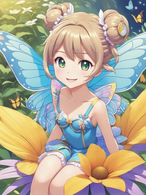 anime artwork (double bun), short hair, ((minigirl)), fairy girl sitting on a large flower, fairy dress, large smile, butterfly ...