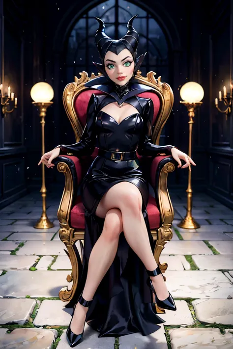 MaleficentWaifu, green eyes, black dress, long sleeves, long dress, looking at viewer, serious, smiling, sitting, legs crossed, ...