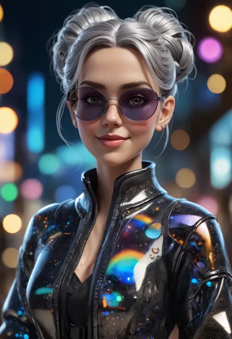 cinematic photo,An extremely innocent,but stunningly,with incredibly,(beautiful _space_buns_hairstyle_ffiery Grey luscious hair:1.3),(blue eyes:0.1),(smilling:1.4),natural skin,natural big eyes,natural hair,natural lips,(smiling:1.2),(sunglasses with mirrored photochromic lenses:1.1),
(freckles:1.2),l(ooks at the viewer:1.4),standing in beautiful sparkling,in front of an extremely intricate and perfectly formed,Surrealism art style,dreamlike and irrational imagery,explores the unconscious mind,juxtaposition of unlikely elements,challenges reality and logic,Dark Wave Art,(((bokeh:1.6))),(((tilt-shift:2))),