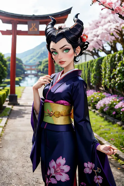 MaleficentWaifu, green eyes, traditional kimono, sash, wide sleeves, floral print, looking at viewer, serious, standing, outside...