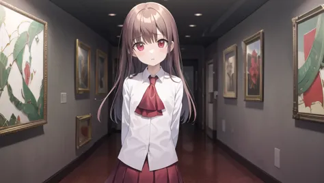 anime girl in a school uniform standing in a hallway