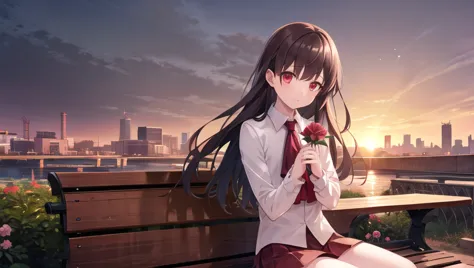 anime girl sitting on a bench with a flower in her hand