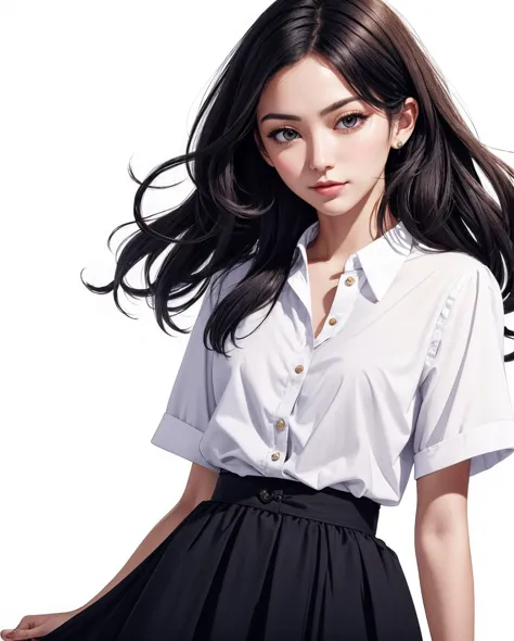 a close up of a woman in a white shirt and black skirt