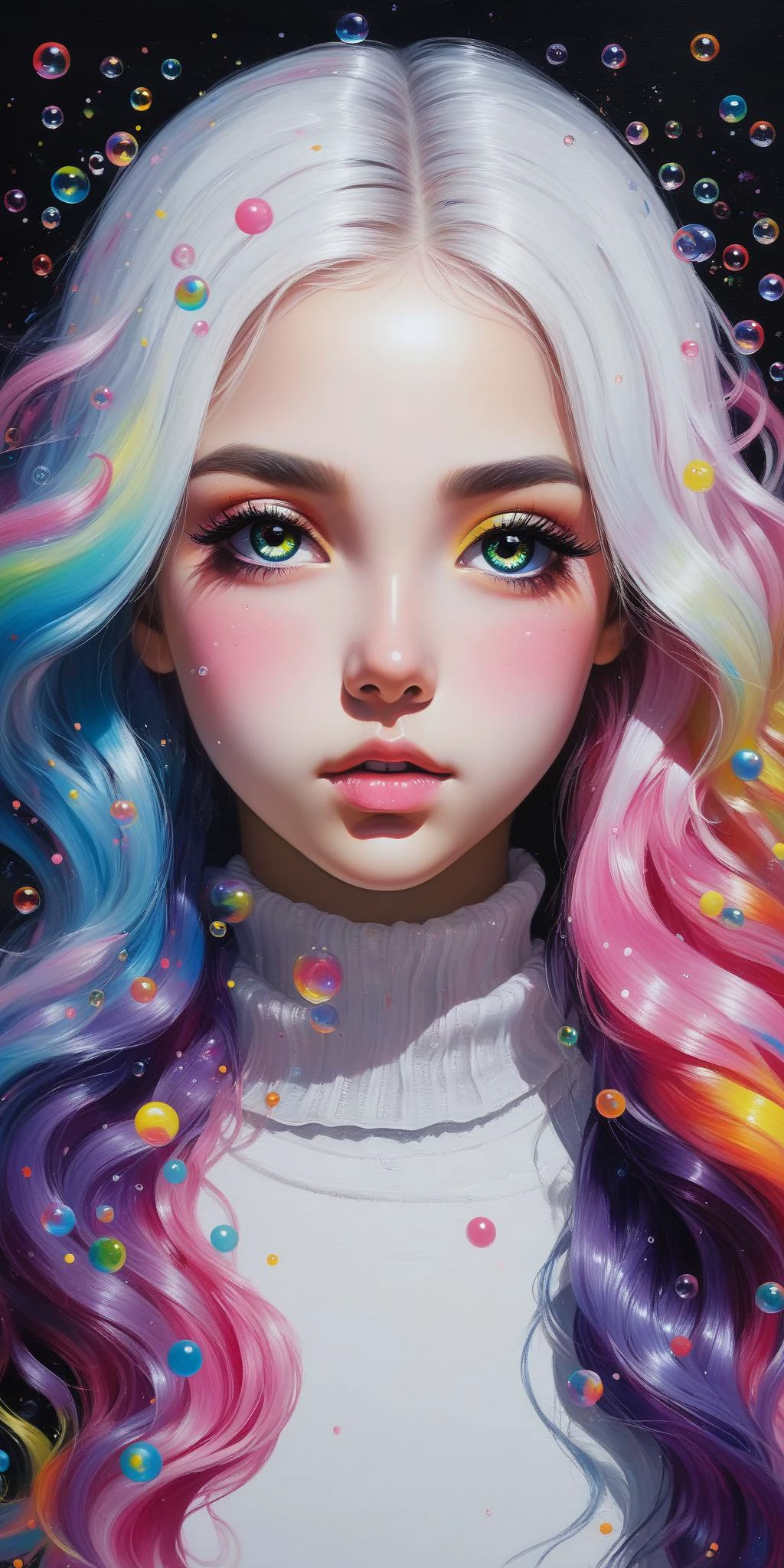 abstract oil painting egirls, the modern gamer girl, a female form, multicoloured liquid hair, rainbow bubbles, luminous, abstract dark background
,  ((masterpiece)), ((best quality)), solo, 1girl, mascara, makeup, (white sclera) masterpiece, best quality, 1girl,solo  