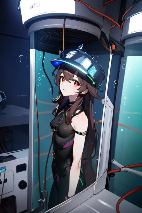 Highly detailed, High Quality, masterpiece, perfect ligthing, <lora:cultivation_tank_lora01:1> cultivation tank, underwater, wires and cables attaching to neck, wires and cables on head, bodysuit, submerged, convenient censoring, <lora:hutao1:0.8> hutaodef, ((small breasts))