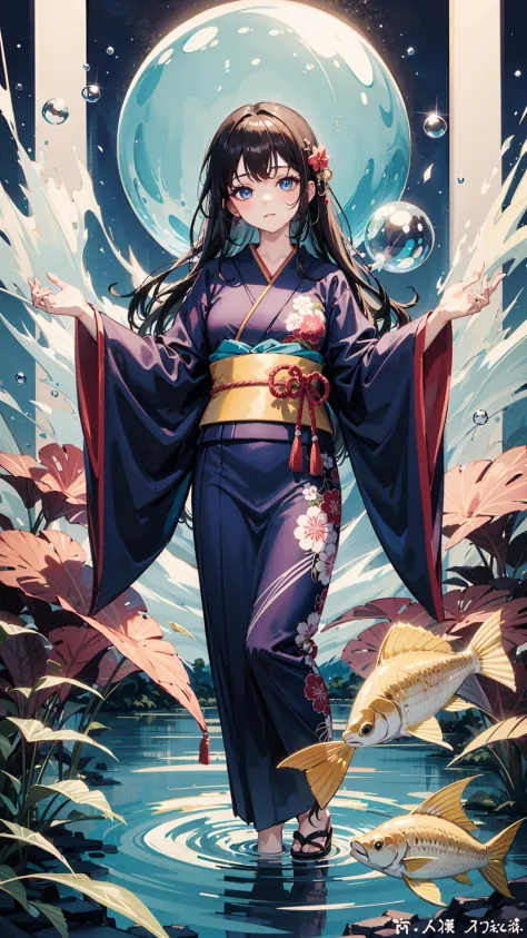 1girl, long hair, black hair, fish, blue eyes, kimono, japanese clothes, solo, red kimono, very long hair, looking at viewer, wide sleeves, bubble, long sleeves, parted bangs, standing, holding, bangs, animal, air bubble, water