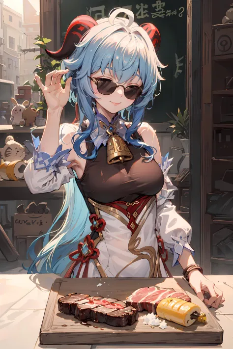 ((masterpiece, best quality)),(colorful),
1girl,ganyu \(genshin impact\),ahoge,2horns,long hair,sunglasses,Confident smile,neck bell,chinese knot,medium breasts,
saltbae,salt drop from hand,
Beef steak ON cutting board,
<lora:add_detail:0.3>,<lora:ganyuGenshinImpact_offset:0.65:CHAR>,<lora:yfs:0.6>,<lora:saltbae:0.8:ACTION>,