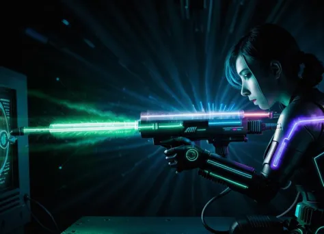 An electrified bioluminescent cyborg woman, firing at target, (plasma gun:1.4), science fiction, factory scene, computer terminal, night, neon lights, vivid colors, photorealistic