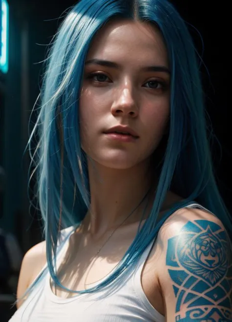 cubrir, Pintura de una chica con cabello largo azul en una camiseta blanca en un lado de un espacio cyberpunk tatuado con detalles, luminism, Iluminación de tiras, complejo, retrato de cabeza y hombros, Retrato de arte conceptual 4k por Greg Rutkowski, artgram, ¡vaya!, Alphonse Mucha