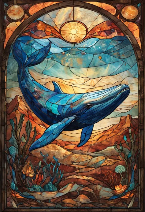 Stained Glass illustration of Whale, desert canyon with mystical carvings, whimsical elements, intricate details, ultra sharp, soft textures, exquisite detail, flawless composition, vivid colors, masterpiece, highest quality, extremely detailed CG unity 8k wallpaper <lora:ArsMJStylePony_-_Stained_Glass:0.8> ArsMJStyle, Stained Glass