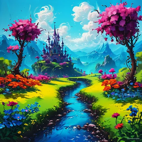 whimsical fantasy landscape, vibrant colors, warm weather, sharp focus,  arsmjstylexl <lora:arsmjstylexl:1>,