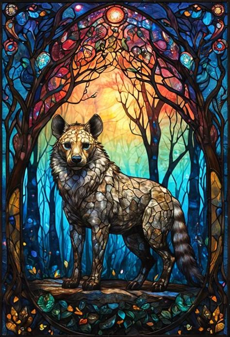 stained glass hyena, bioluminescent forest with enchanted trees, whimsical elements, intricate details, ultra sharp, soft textur...