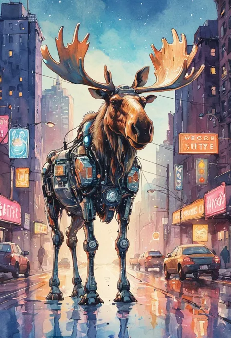 watercolor illustration of a moose, robot city with neon signs, whimsical elements, intricate details, ultra sharp, soft texture...