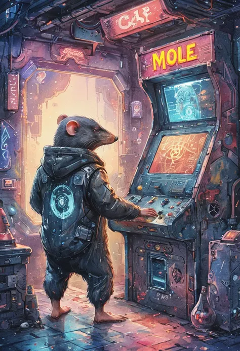 watercolor illustration of a mole, cyberpunk arcade with holographic games, whimsical elements, intricate details, ultra sharp, ...