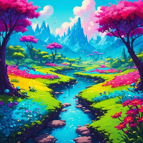 whimsical fantasy landscape, vibrant colors, warm weather, sharp focus,  arsmjstylexl <lora:arsmjstylexl-000004:1>,