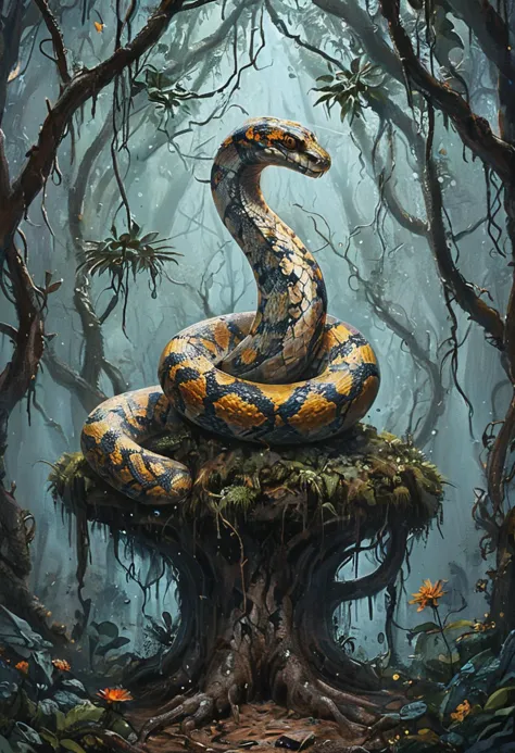 illustration of a python, ancient forest with spectral trees, whimsical elements, intricate details, ultra sharp, soft textures,...