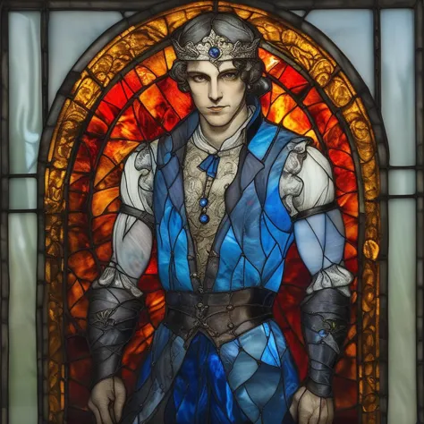 arsmjstyle, stained glass, grey headband, looking at viewer, sleeveless, blue shirt, vambraces