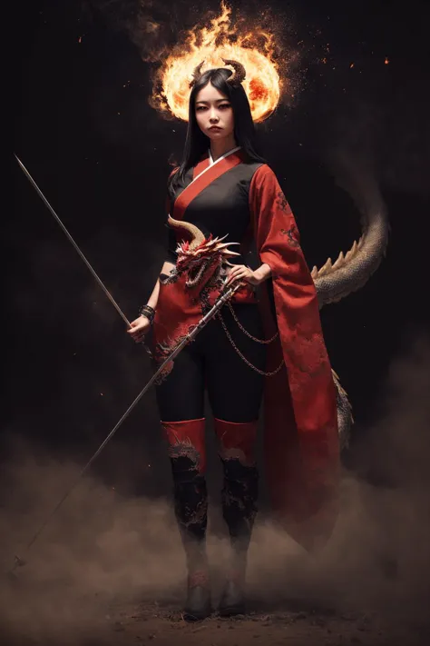 a woman in a red cape and black outfit holding a sword