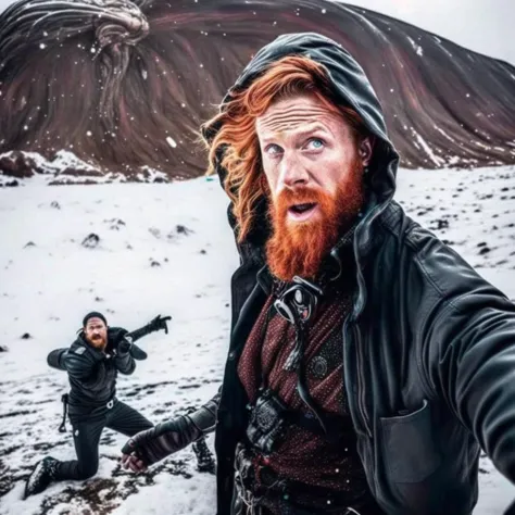 a man with a beard and a beard standing in the snow