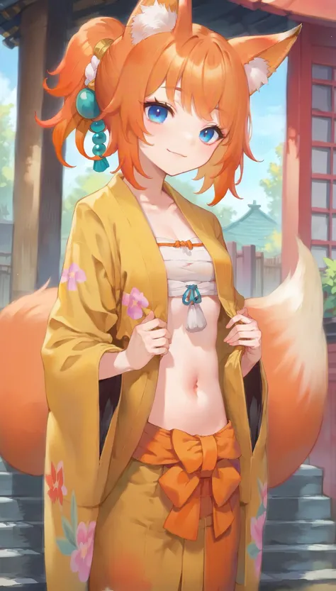 score_9, score_8_en haut, score_7_en haut, score_6_en haut, source d&#39;anime, nom de chat, Fille renard, 1fille, kimono, seulement, oreilles d&#39;animaux, yeux bleus, queue de renard, Petits seins, cheveux roux, nombril, sourire, En plein air, regarder le spectateur, oreilles de renard, rougir, cheveux dégradés, bouche fermée, peluches d&#39;oreilles d&#39;animaux, cheveux multicolores, frange, Gion