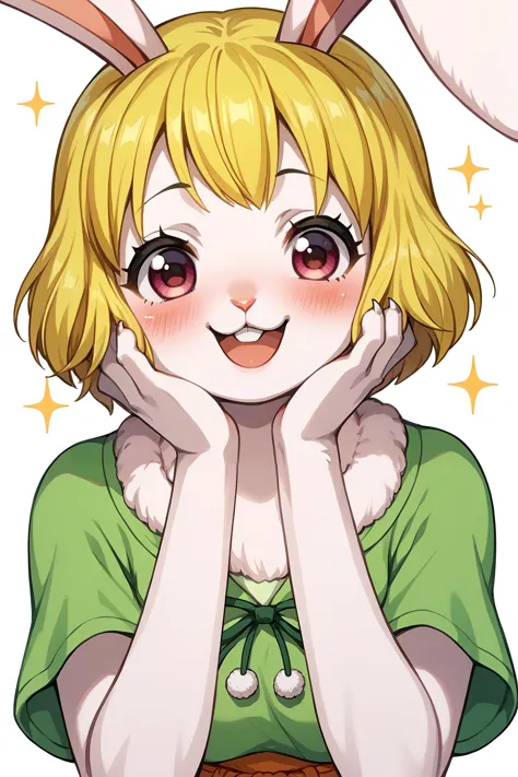 score_9, score_8_up, score_7_up, source_anime, BREAK, solo, solo focus, Opcarrot, <lora:Carrot__Lora_Model_ã­ã£ã­ãã_One_Piece:1>,  1girl, blonde hair, short hair, furry, white furr, blush,  happy, cute, rabbit ears, small claws