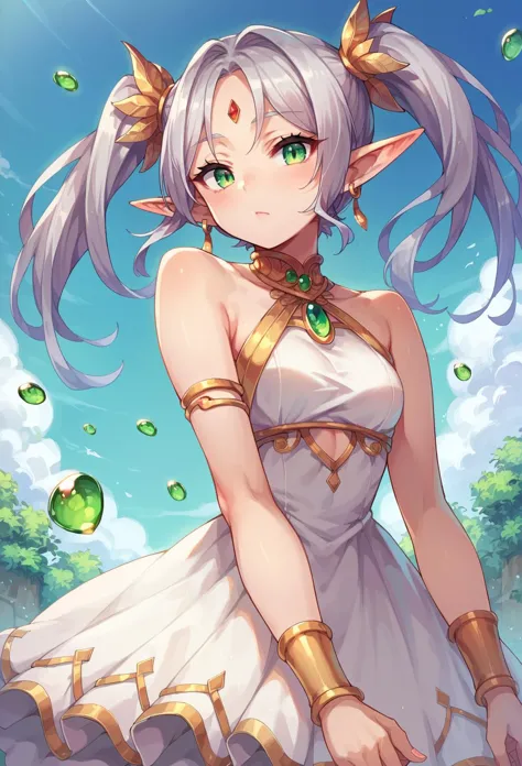 score_9, score_8_up, score_7_up, score_6_up, score_5_up, score_4_up, source anime, 1girl, pointy ears, elf, green eyes, earrings, whorled clouds, jewelry, gold trim, white dress, silver hair, twintails