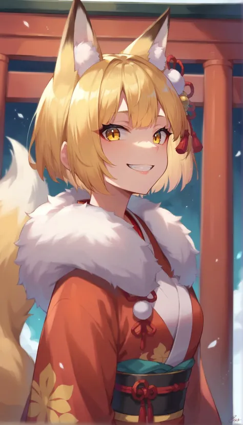 score_9, score_8_up, score_7_up, score_6_up, source anime, BREAK,
selkie, 1girl, tail, animal ears, blonde hair, fox tail, fox ears, solo, fur trim, yellow eyes, bangs, shiny hair, kimono, hair ornament, shiny, multicolored hair, long sleeves, short hair, teeth, parted lips, wide sleeves, grin, upper body, torii