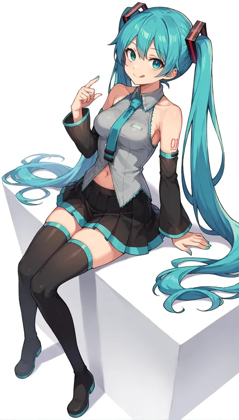 Punktzahl_9, Punktzahl_8_uP, Punktzahl_7_uP, Punktzahl_6_uP, Quelle Anime, Bewertung fraglich, Ganzkörper, von oben, center oPening, Nabel, 1 Mädchen, Allein, hatsune miku, lange Haare, Zunge, necktie, Zunge out, Zwillingsschwänze, Rock, Strümpfe, abgesetzte Ärmel, Brüste, Hemd, black Strümpfe, very lange Haare, medium Brüste, :P, Tätowierung, Sitzung, Pleated Rock, nackten Schultern, Betrachter betrachten, black Rock, Haarverzierung, weißer Hintergrund, grey Hemd, nail Polish, collared Hemd, bangs, shoulder Tätowierung, zettai ryouiki, lächeln, simPle background, Aqua-Haar, lange Ärmel, Aqua Augen, hand uP, ärmellos, akanbe, schwarze Ärmel