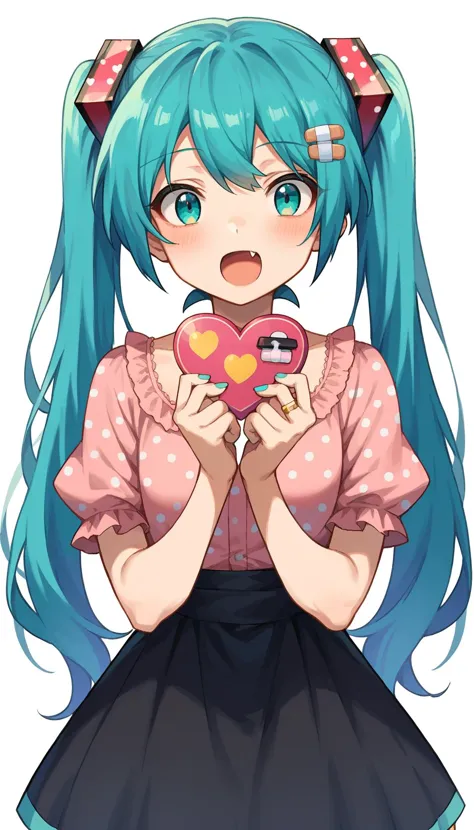 a girl with blue hair holding a heart shaped donut