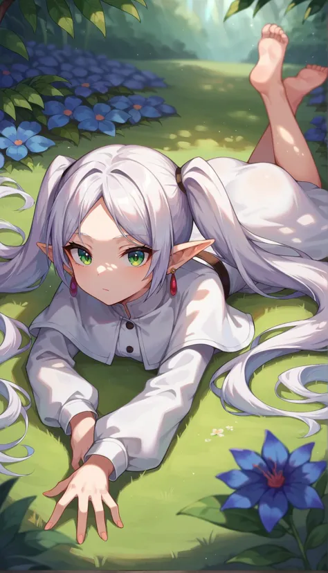 anime girl laying on the ground with her hands on her stomach