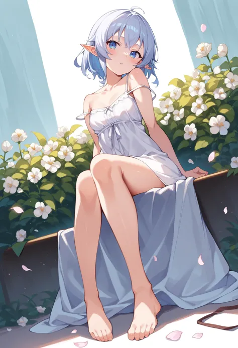 score_9, score_8_up, score_7_up, score_6_up, source anime,
eihplyspnxl, sylphiette \(mushoku tensei\), 1girl, pointy ears, solo, flower, looking at viewer, elf, sitting, short hair, small breasts, strap slip, white flower, parted lips, white camisole, seiza, bare shoulders, petals, blush, bottomless, full body, from below 
, masterpeice, best quality, very aesthetic, absurdres