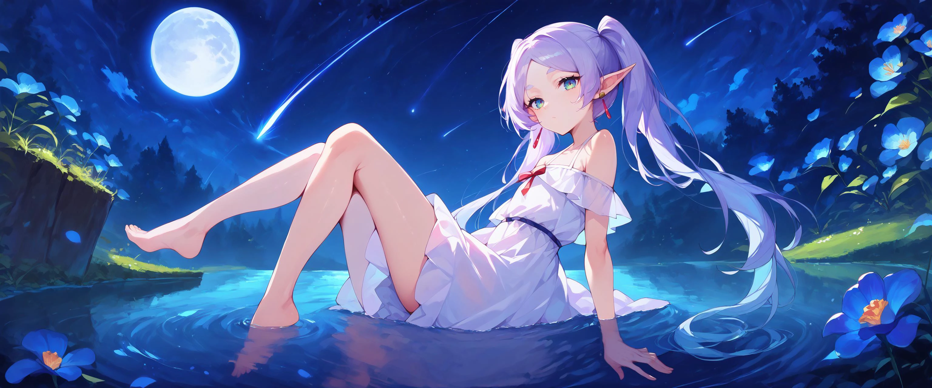 score_9, score_8_up, score_7_up, score_6_up, source anime,
nereirfpnxl, frieren, pointy ears, elf, red earrings, twintails, bare shoulders,
white dress, looking at viewer, partially submerged, full body, from side, from below, knees up, leaning forward,
lake, outdoors, dappled moonlight, full moon, night, shooting star, scenery, nature, [blue:opal:0.5] flower, bioluminescence,
masterpeice, best quality, very aesthetic, absurdres
