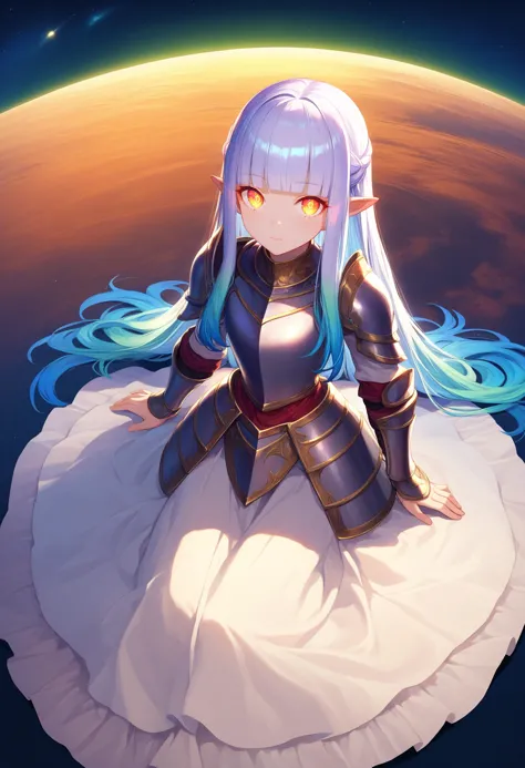 a woman with long blue hair sitting on a white dress