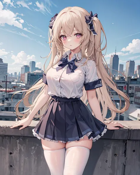 anchoragess, 1girl, large breasts, <lora:anchoragebeta2fix:0.8>,((school uniform)), standing,outdoors,cityscape, ((collared_shir...