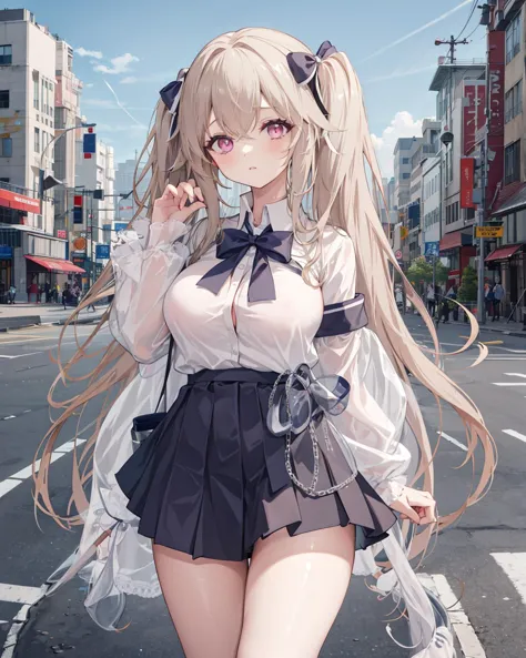 anchoragess, 1girl, large breasts, <lora:AnchorageBeta2fix:1>,school uniform, standing,outdoors,cityscape, shirt