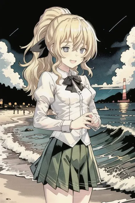 <lora:LillySatou:0.8> Lilly Satou, school uniform, green skirt, white shirt, blind, (beautiful face:1.1), blonde, ponytail, standing, beach, ocean, waves, night, night sky, stars, cosmic, masterpiece, ultra detailed, chromatic aberration