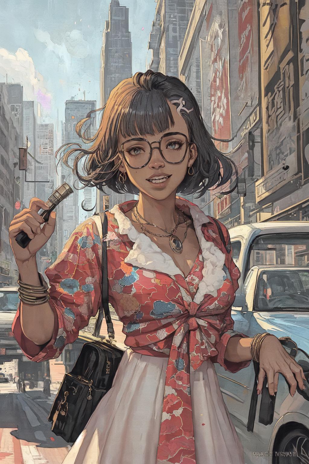 Anime girl with glasses and a purse walking down a city street - SeaArt AI