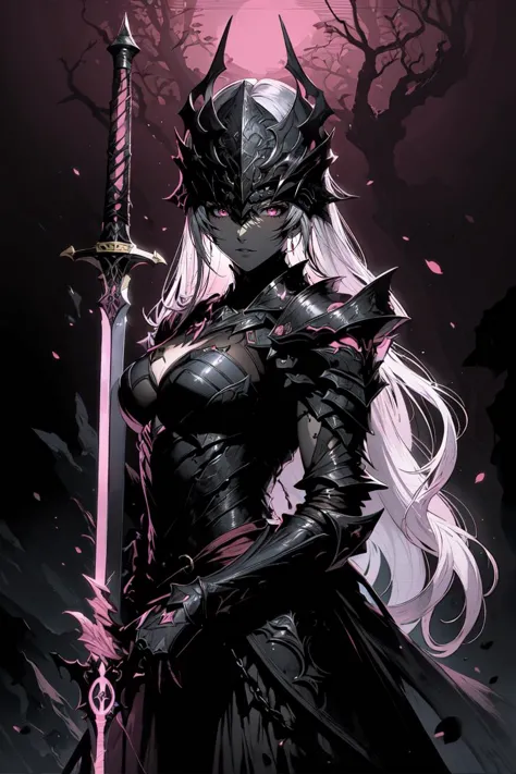 balck armor, glowing pink, white hair, long hair, sword, glowing sword, 
masterpiece, best quality, upper body, portrait,