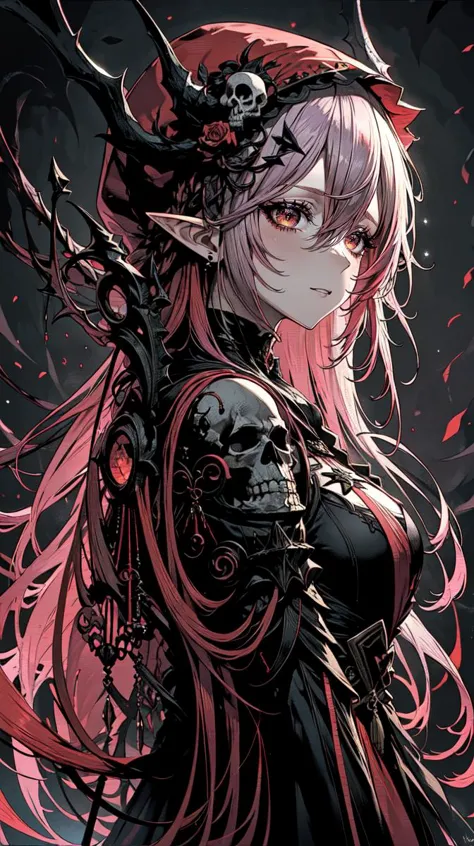 red and black clothing, white hair, long hair, hood, demon horns, pointy ears, skull on shoulder, red eyes, bangs, hair between eyes, red particles, multicolored hair, 
masterpiece, best quality, upper body, portrait,