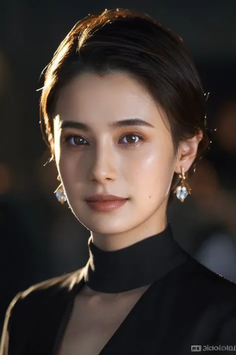 a woman with a black top and earrings posing for a picture